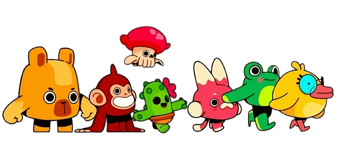 The JoTo bear and the cast: a monkey, a cactus, a mushroom, a rabbit, a frog and a duck